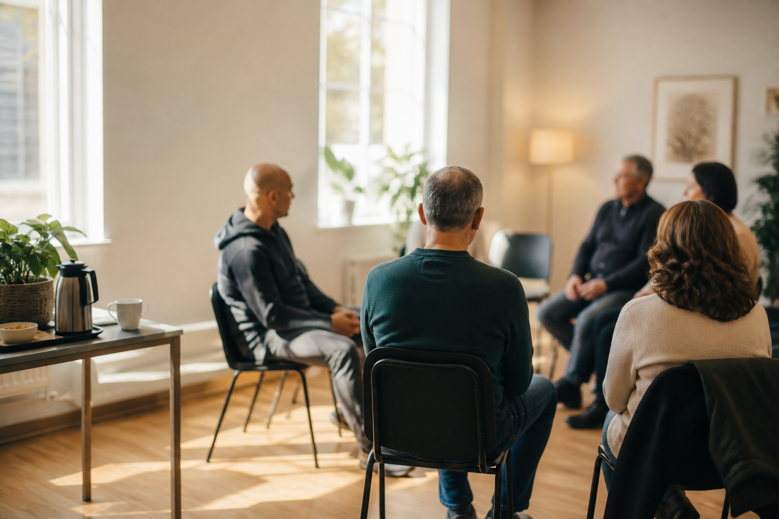 An illustrative scene of people seated together in a welcoming meeting room